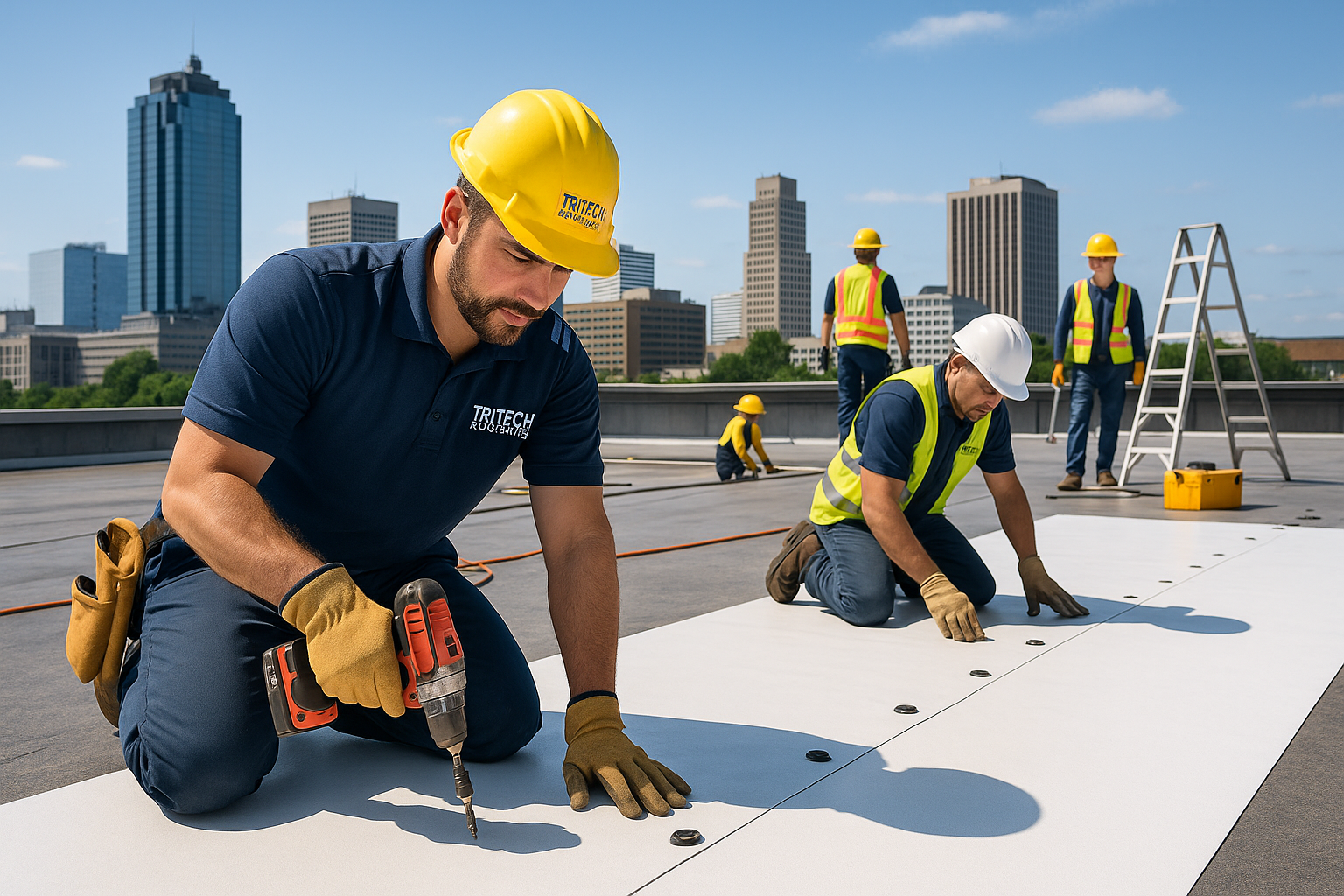 TriTech Roofing crew installing a commercial flat roof on an industrial building in Atlanta, with skyline in the background and workers wearing branded uniforms and safety gear.